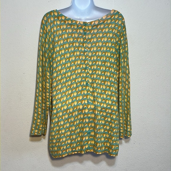 Talbots Chic Button Back Teal and Yellow Pear Patterned Sweater Top Size XL - Picture 3 of 14